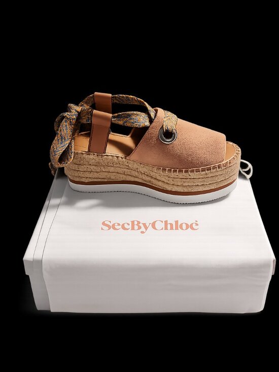 See By Chloe Shoes - NEW See By Chloé Tan Suede Lace-Up Espadrille Platform Sandals w/ Box & Dust Bag